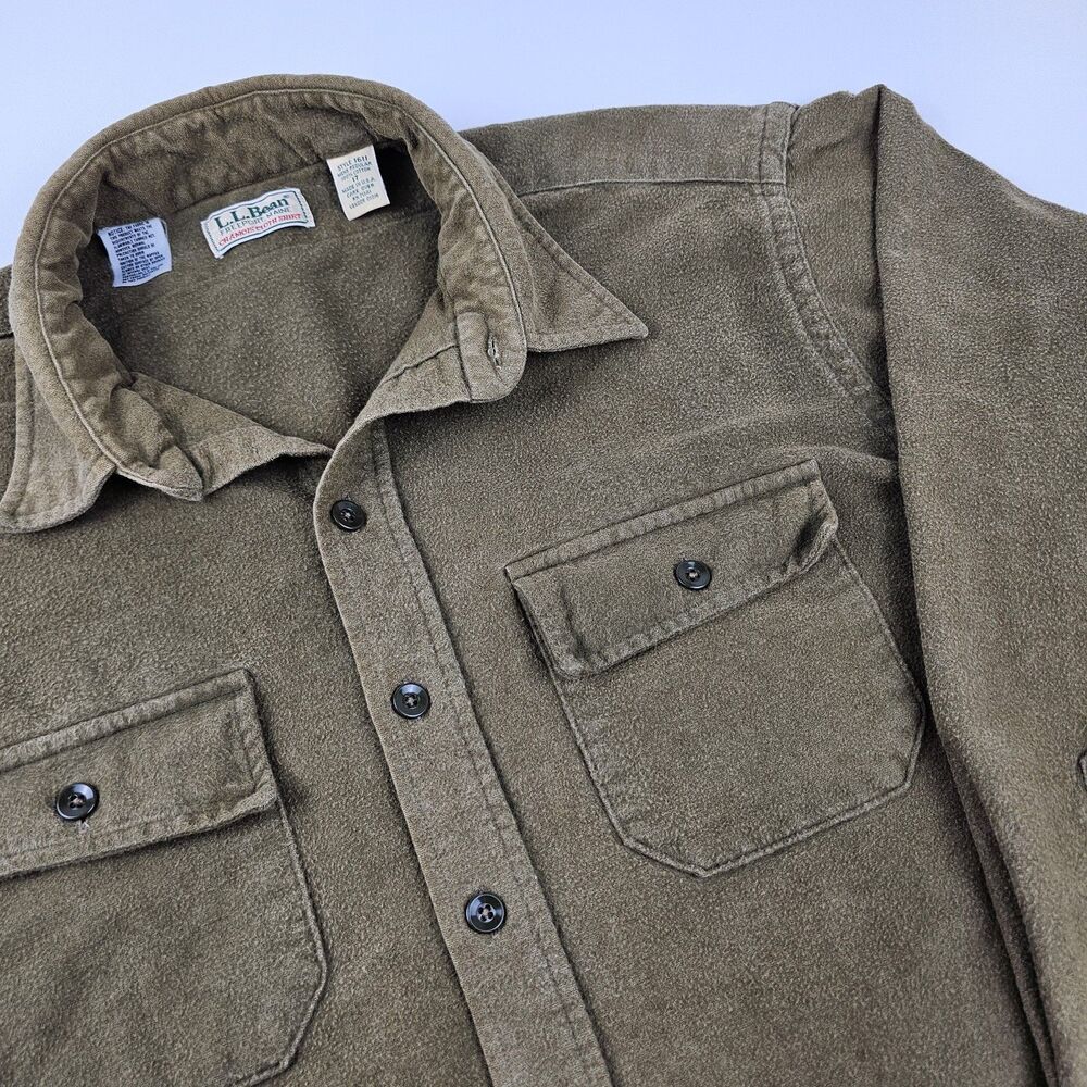 Vintage LL Bean Chamois Cloth Shirt Mens 17 Olive Green USA Flannel Workwear